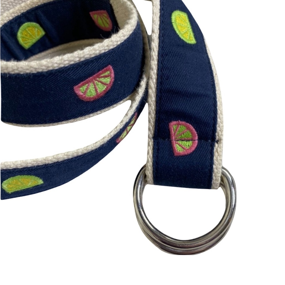 J. Crew 100% Cotton Canvas Double O-Ring Navy Belt with Citrus Fruit Print - Picture 2 of 6